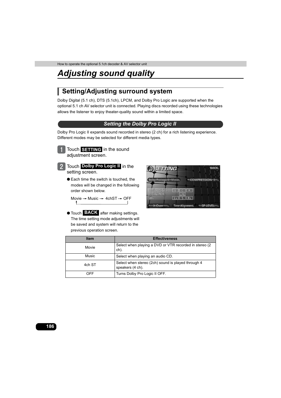Setting/adjusting surround system, Setting the dolby pro logic ii, Adjusting sound quality | Eclipse - Fujitsu Ten AVX5000 User Manual | Page 187 / 262