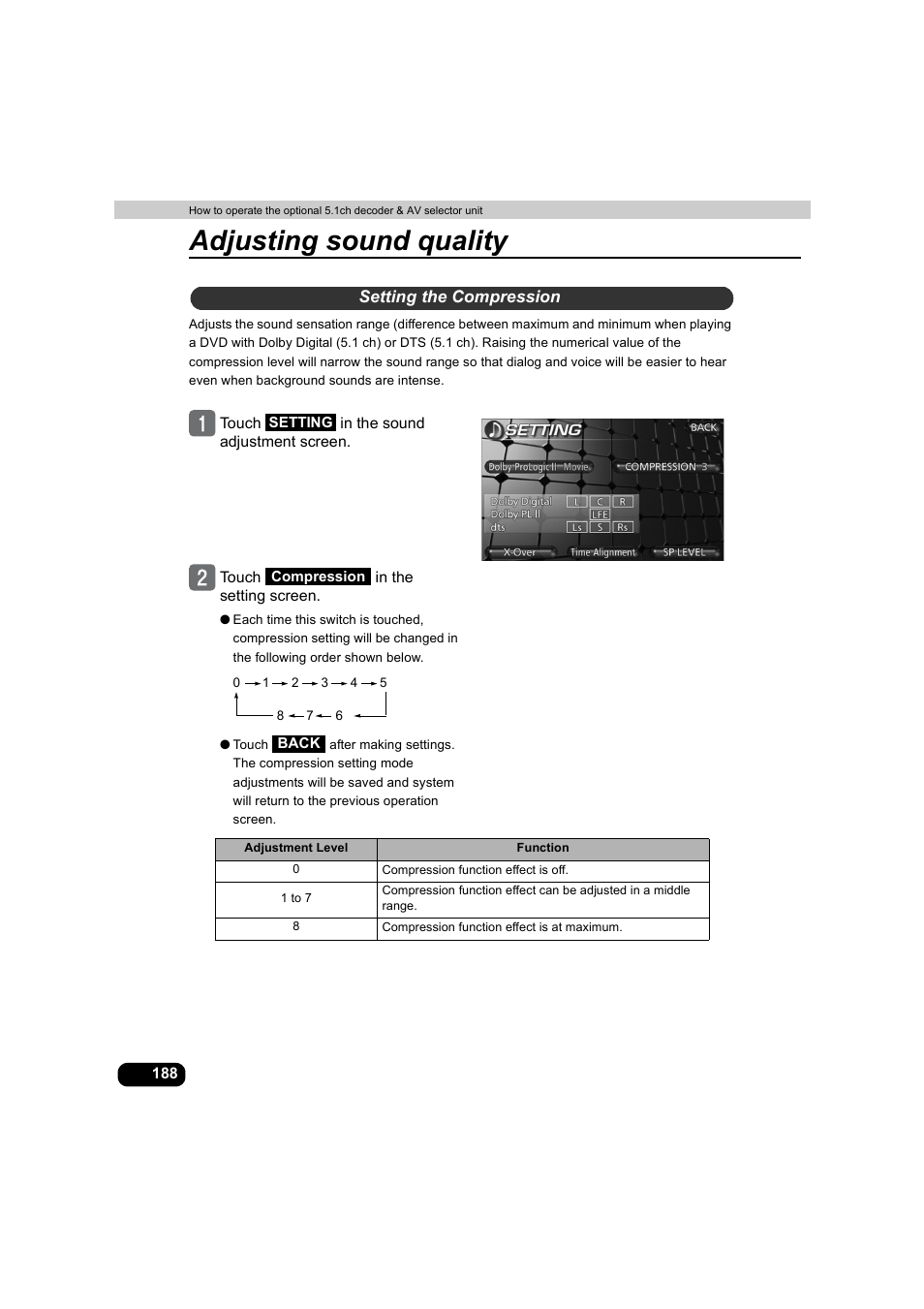 Setting the compression, Adjusting sound quality | Eclipse - Fujitsu Ten AVX5000 User Manual | Page 189 / 262