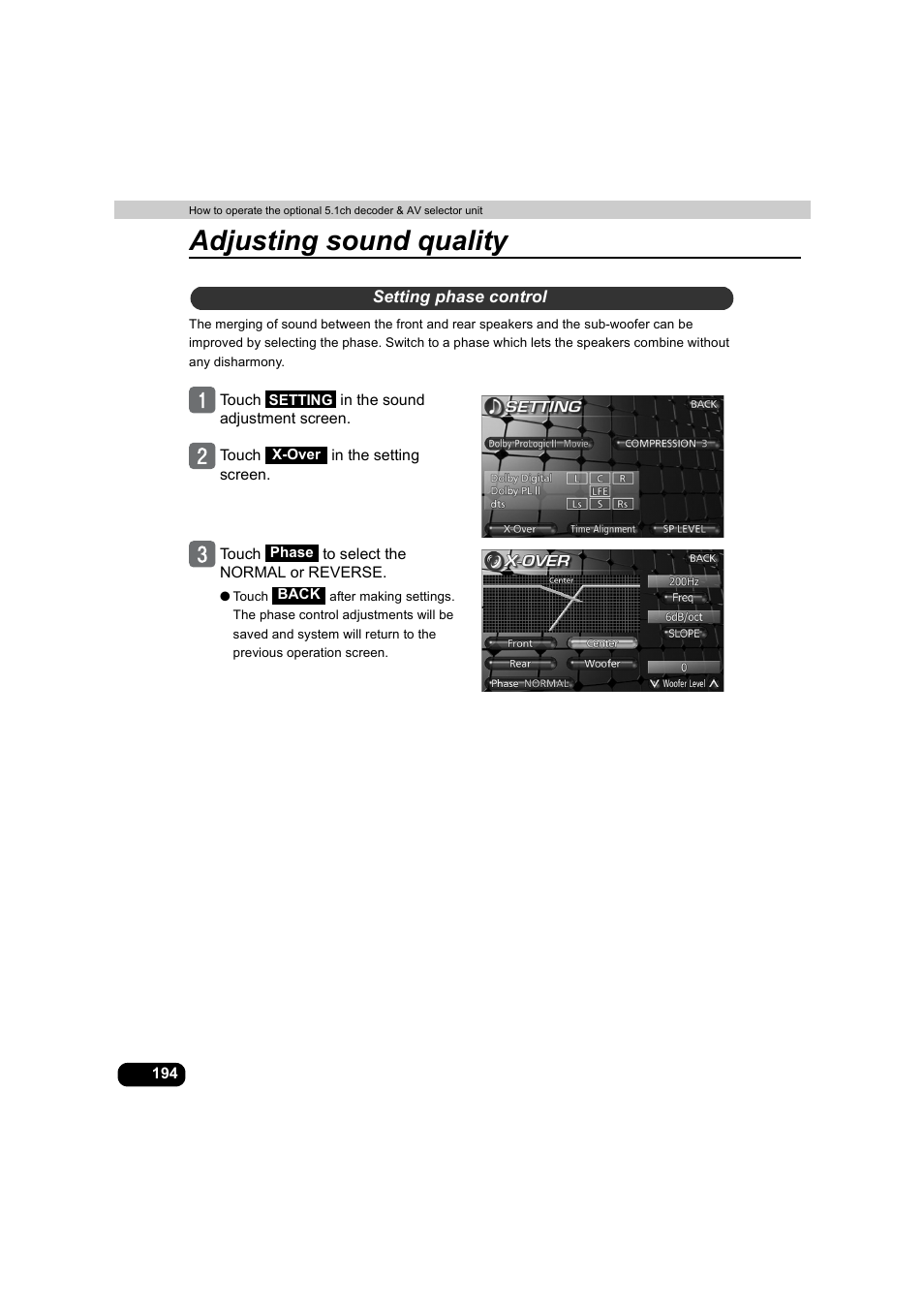 Setting phase control, Adjusting sound quality | Eclipse - Fujitsu Ten AVX5000 User Manual | Page 195 / 262