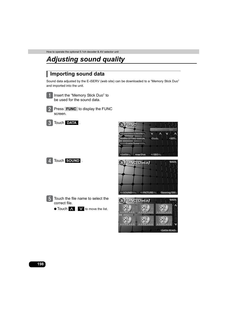 Importing sound data, Adjusting sound quality | Eclipse - Fujitsu Ten AVX5000 User Manual | Page 199 / 262