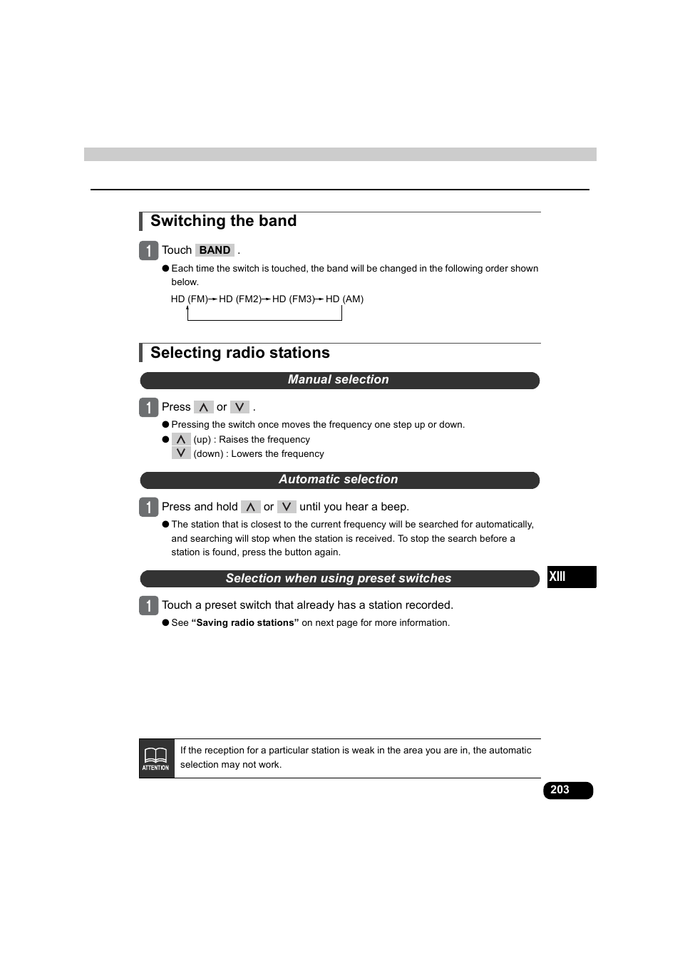 Switching the band, Selecting radio stations, Manual selection | Automatic selection, Selection when using preset switches, Switching the band selecting radio stations | Eclipse - Fujitsu Ten AVX5000 User Manual | Page 204 / 262