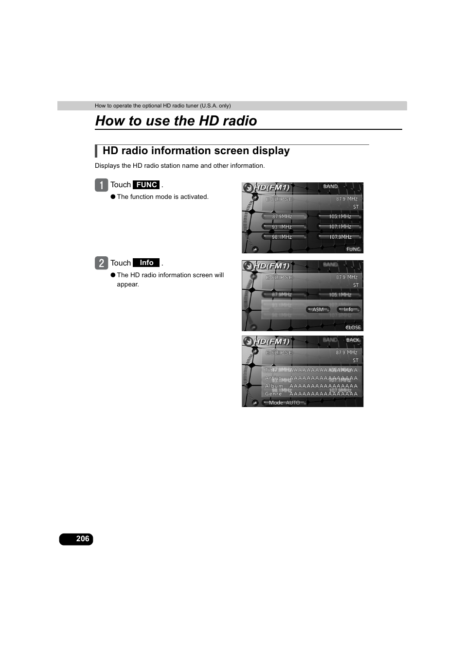 Hd radio information screen display, How to use the hd radio | Eclipse - Fujitsu Ten AVX5000 User Manual | Page 207 / 262