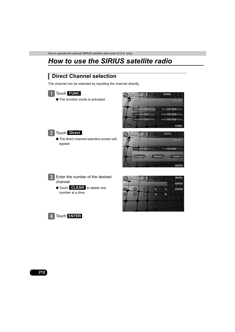 Direct channel selection, How to use the sirius satellite radio | Eclipse - Fujitsu Ten AVX5000 User Manual | Page 213 / 262