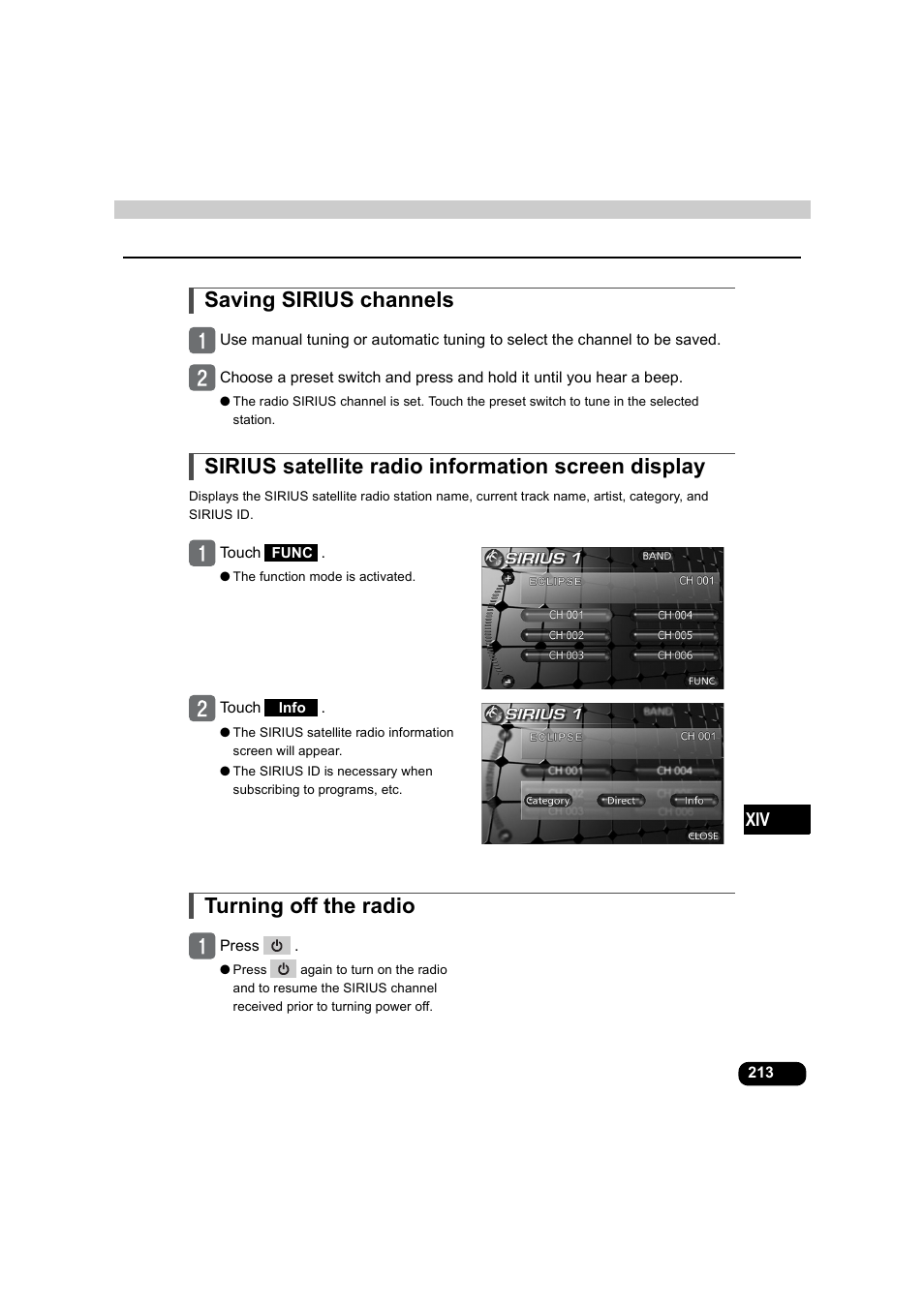 Saving sirius channels, Sirius satellite radio information screen display, Turning off the radio | Eclipse - Fujitsu Ten AVX5000 User Manual | Page 214 / 262