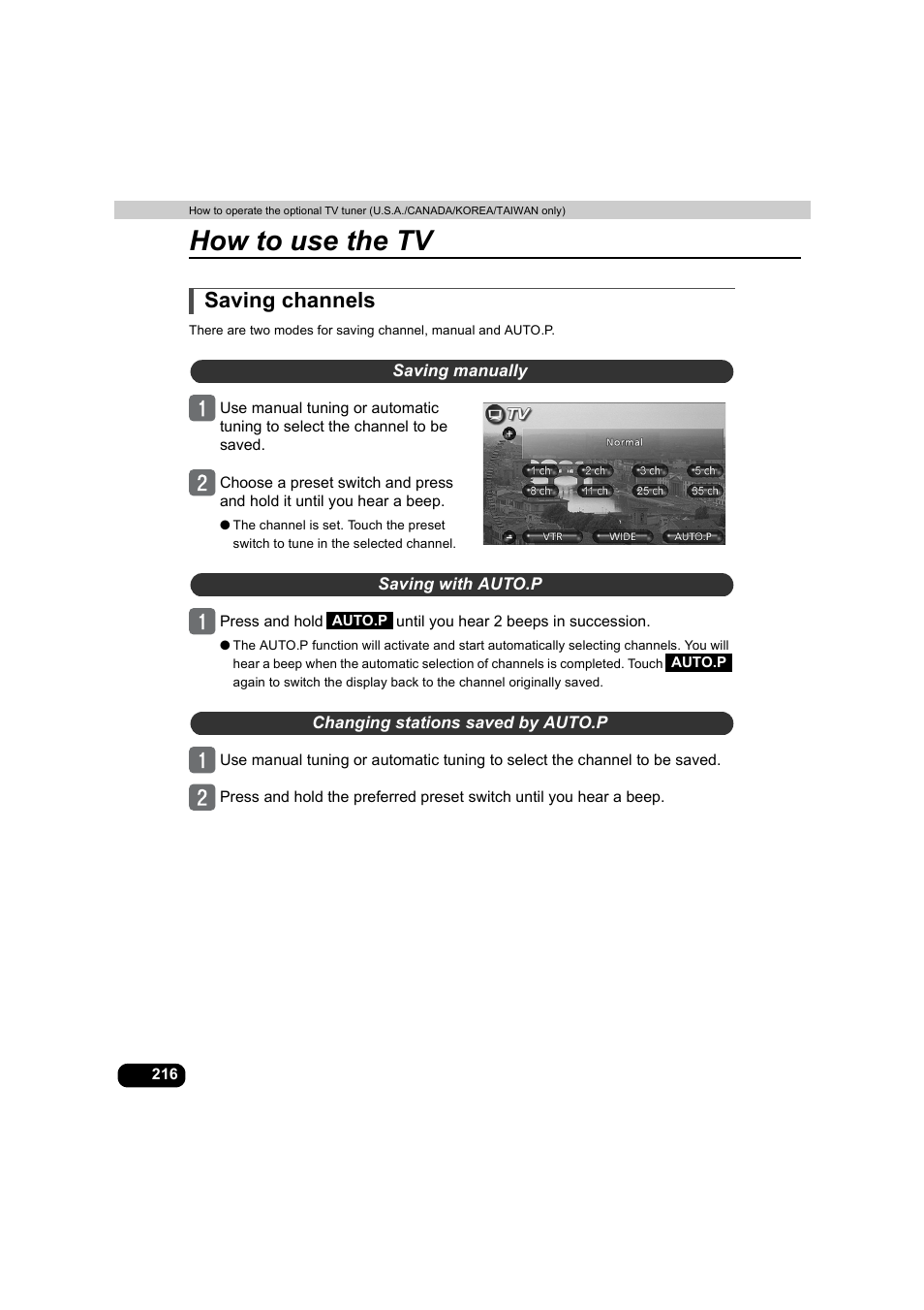 Saving channels, Saving manually, Saving with auto.p | Changing stations saved by auto.p, How to use the tv | Eclipse - Fujitsu Ten AVX5000 User Manual | Page 217 / 262