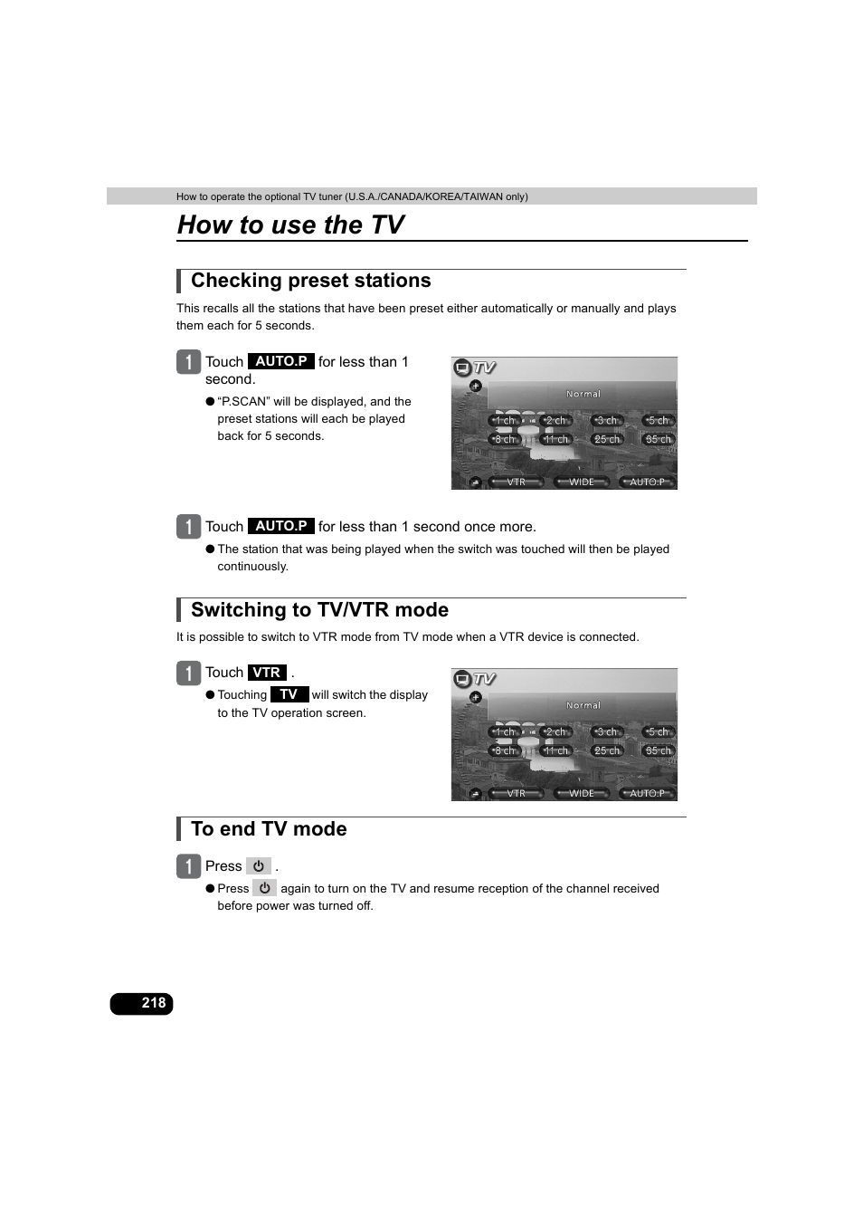Checking preset stations, Switching to tv/vtr mode, To end tv mode | How to use the tv | Eclipse - Fujitsu Ten AVX5000 User Manual | Page 219 / 262