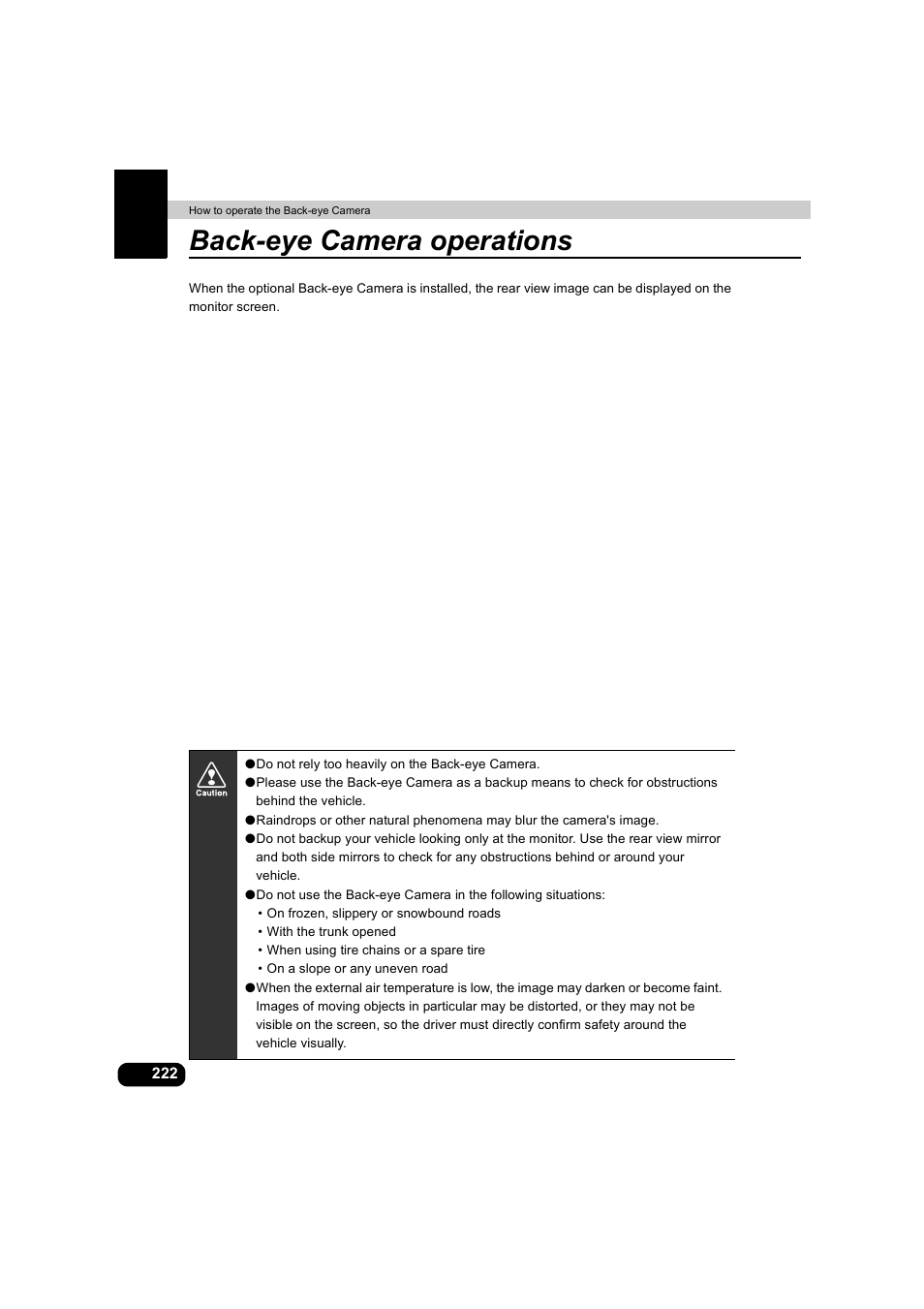 How to operate the back-eye camera, Back-eye camera operations | Eclipse - Fujitsu Ten AVX5000 User Manual | Page 223 / 262