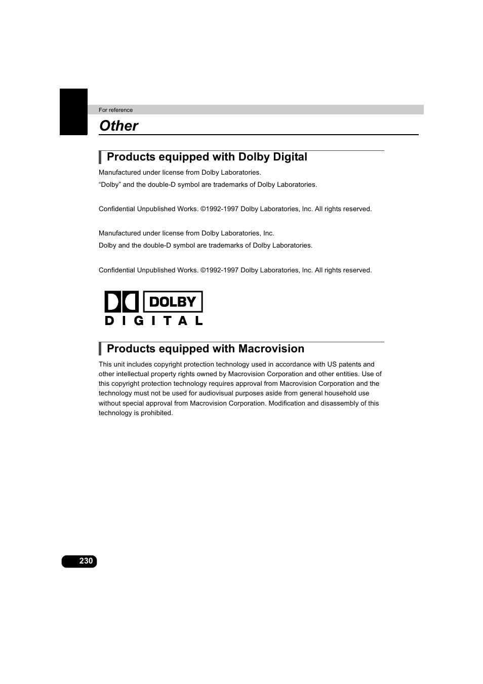 Other, Products equipped with dolby digital, Products equipped with macrovision | Eclipse - Fujitsu Ten AVX5000 User Manual | Page 231 / 262