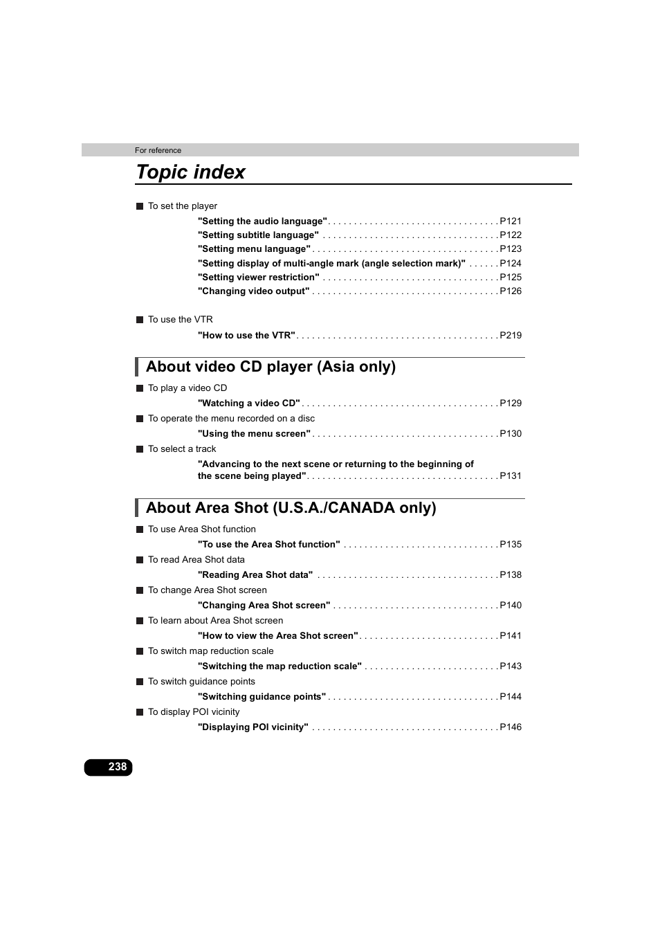 About video cd player (asia only), About area shot (u.s.a./canada only), Topic index | Eclipse - Fujitsu Ten AVX5000 User Manual | Page 239 / 262