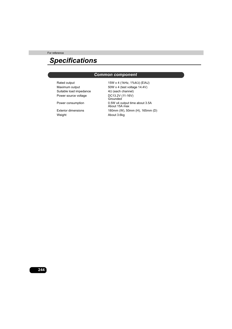 Common component, Specifications | Eclipse - Fujitsu Ten AVX5000 User Manual | Page 245 / 262