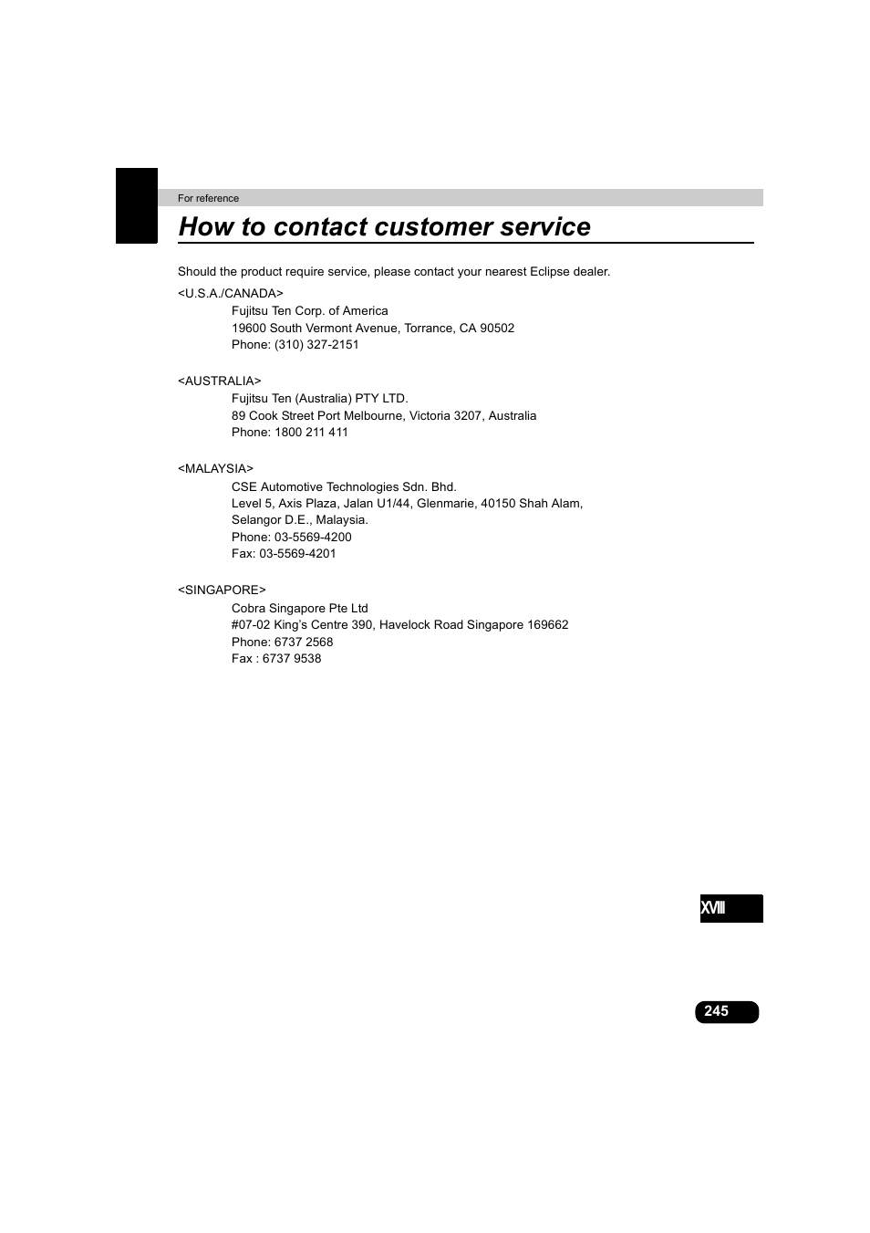 How to contact customer service | Eclipse - Fujitsu Ten AVX5000 User Manual | Page 246 / 262