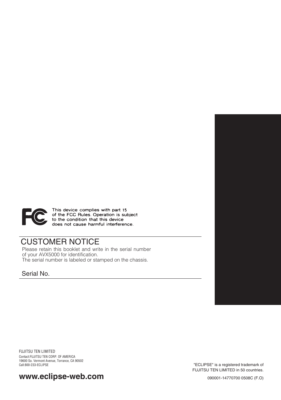 Customer notice | Eclipse - Fujitsu Ten AVX5000 User Manual | Page 262 / 262