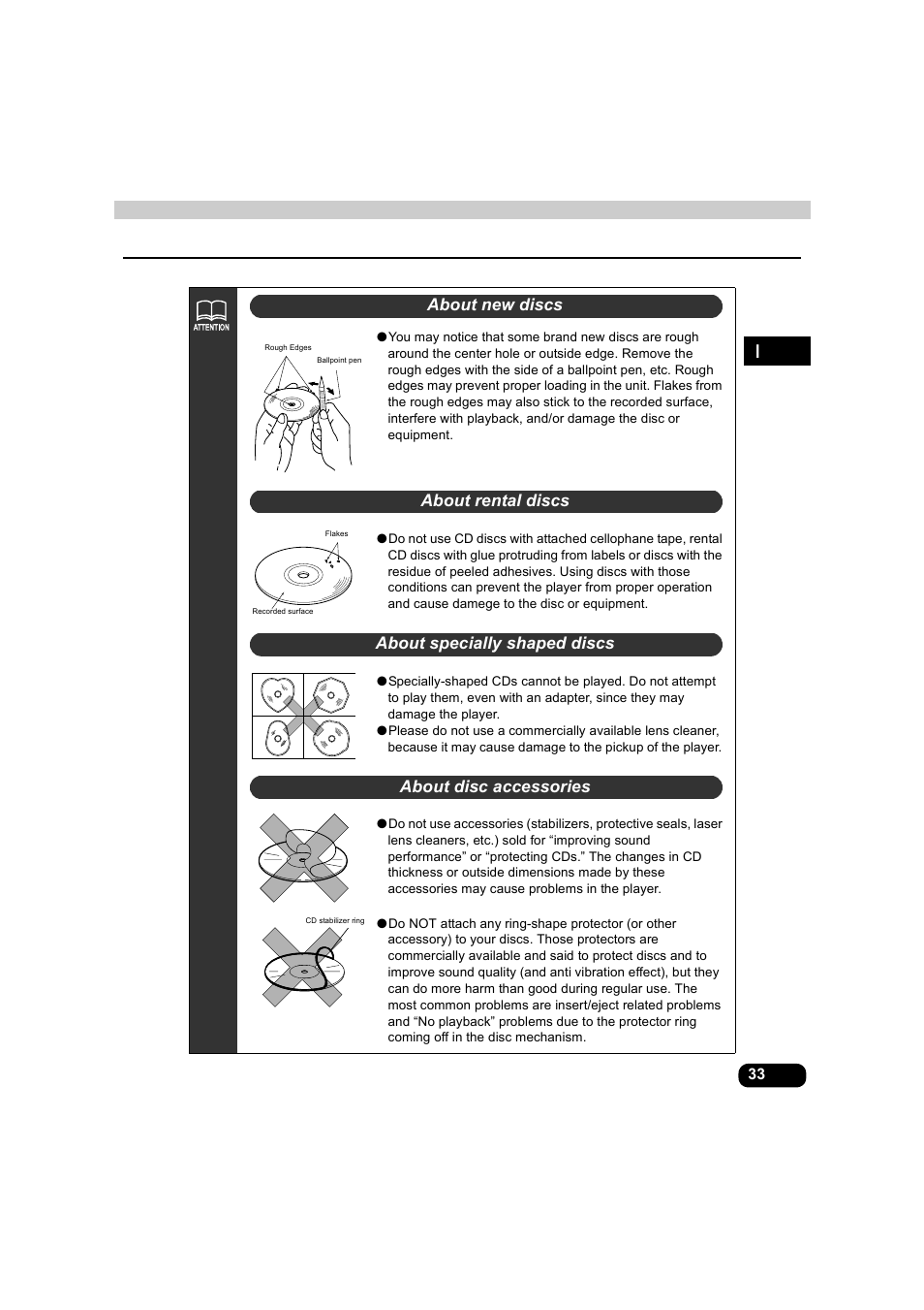 About new discs, About rental discs, About specially shaped discs | About disc accessories | Eclipse - Fujitsu Ten AVX5000 User Manual | Page 34 / 262