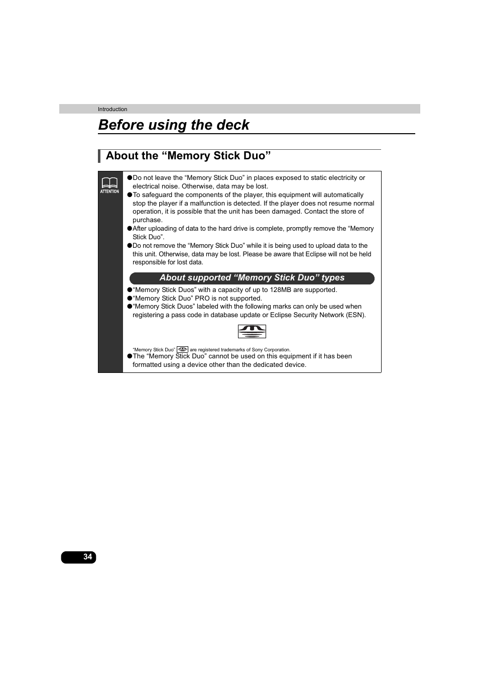 About the “memory stick duo, About supported “memory stick duo” types, Before using the deck | Eclipse - Fujitsu Ten AVX5000 User Manual | Page 35 / 262