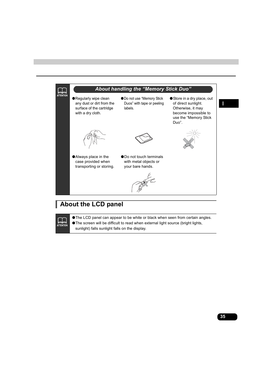 About handling the “memory stick duo, About the lcd panel | Eclipse - Fujitsu Ten AVX5000 User Manual | Page 36 / 262