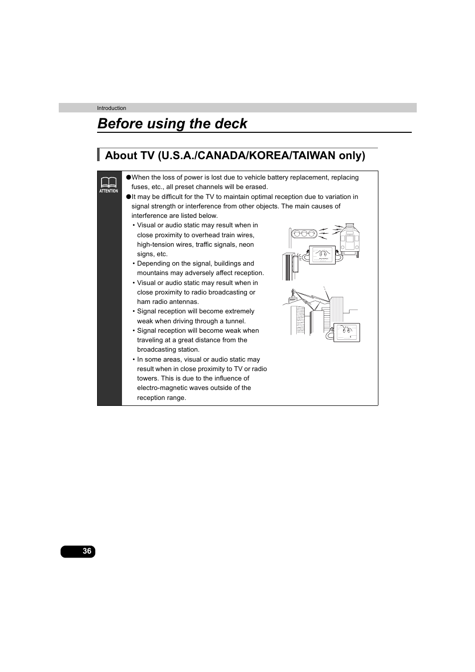 About tv (u.s.a./canada/korea/taiwan only), Before using the deck | Eclipse - Fujitsu Ten AVX5000 User Manual | Page 37 / 262