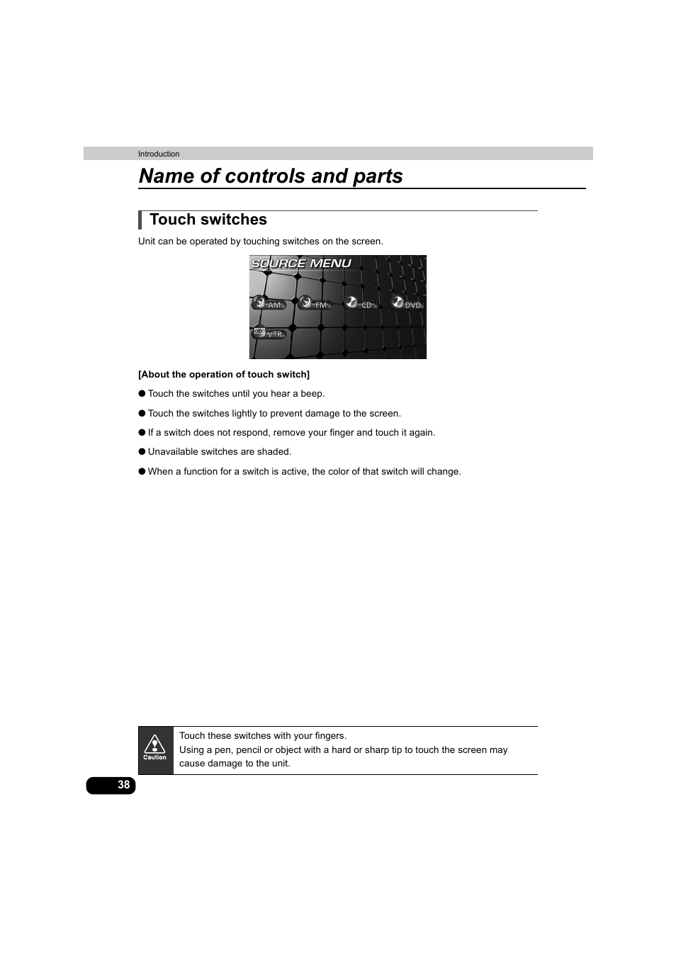 Touch switches, Name of controls and parts | Eclipse - Fujitsu Ten AVX5000 User Manual | Page 39 / 262