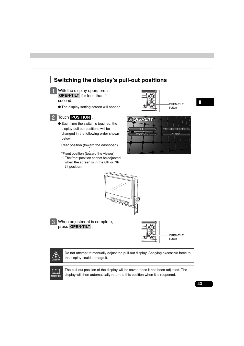 Switching the display’s pull-out positions | Eclipse - Fujitsu Ten AVX5000 User Manual | Page 44 / 262