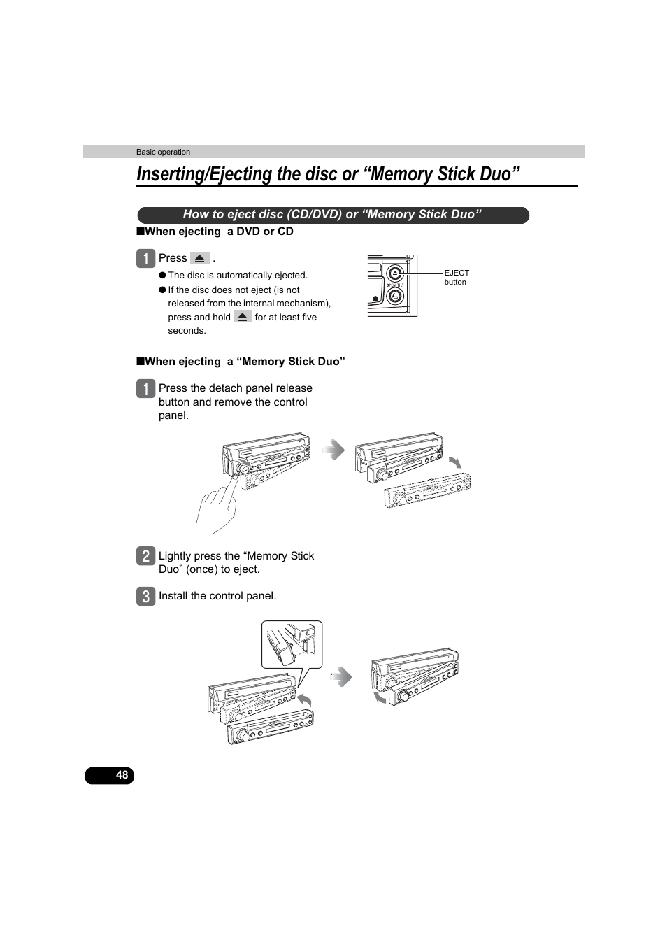 How to eject disc (cd/dvd) or “memory stick duo | Eclipse - Fujitsu Ten AVX5000 User Manual | Page 49 / 262