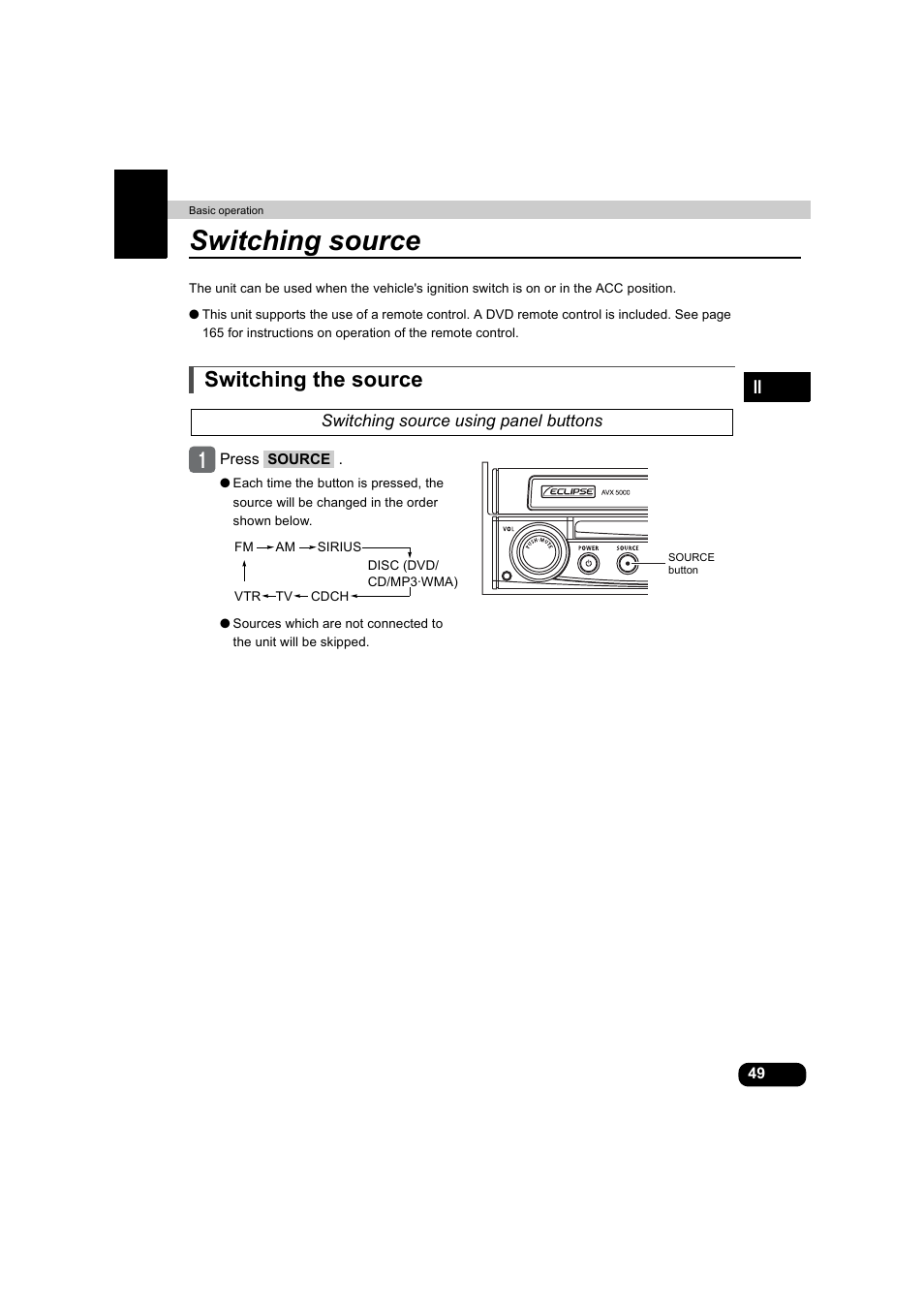 Switching source, Switching the source, Switching source using panel buttons | Eclipse - Fujitsu Ten AVX5000 User Manual | Page 50 / 262