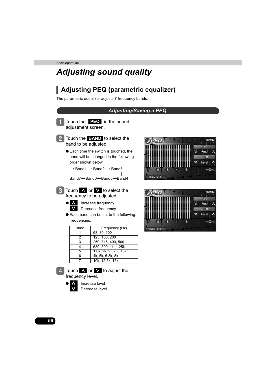 Adjusting peq (parametric equalizer), Adjusting/saving a peq, Adjusting sound quality | Eclipse - Fujitsu Ten AVX5000 User Manual | Page 57 / 262