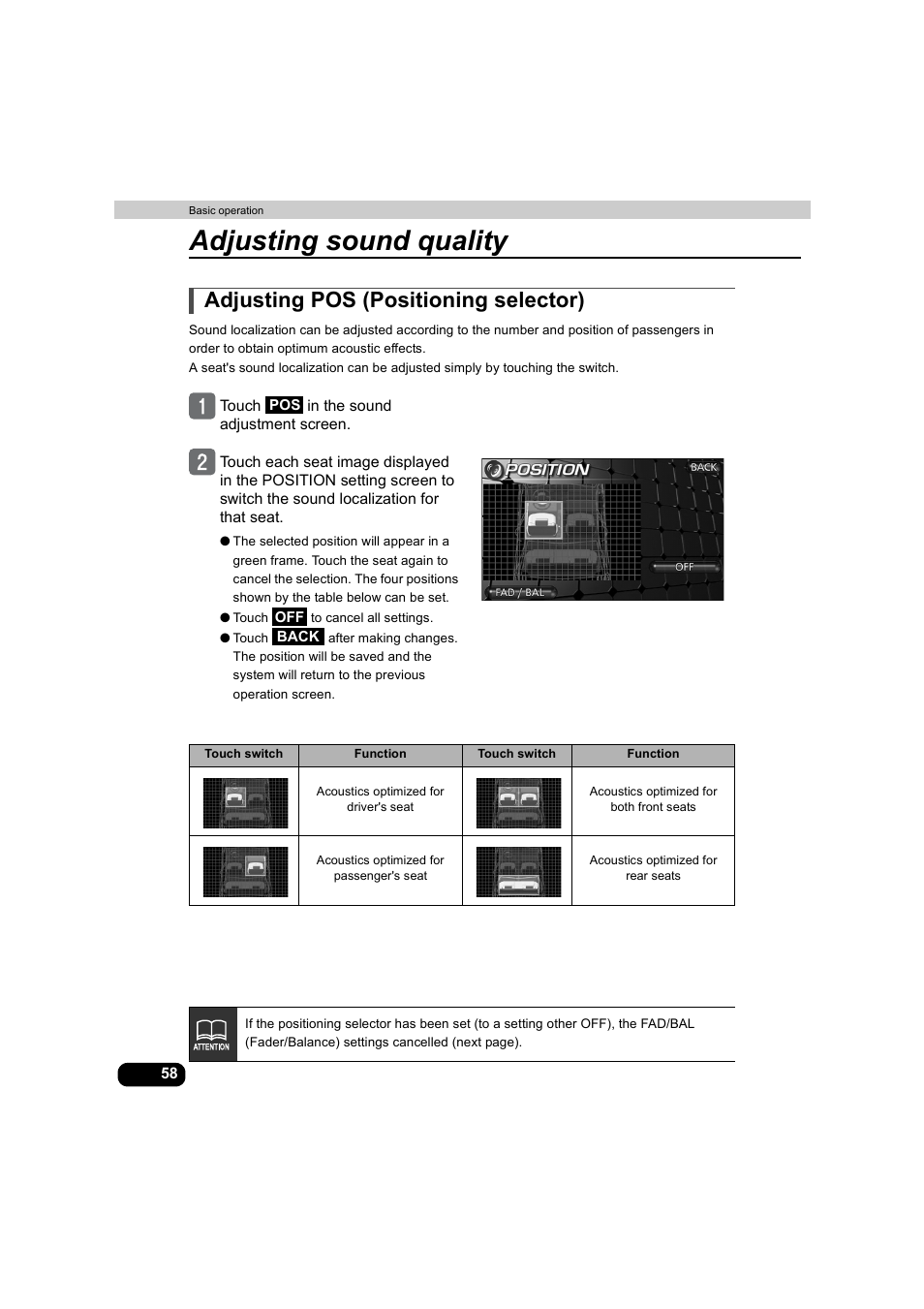 Adjusting pos (positioning selector), Adjusting sound quality | Eclipse - Fujitsu Ten AVX5000 User Manual | Page 59 / 262