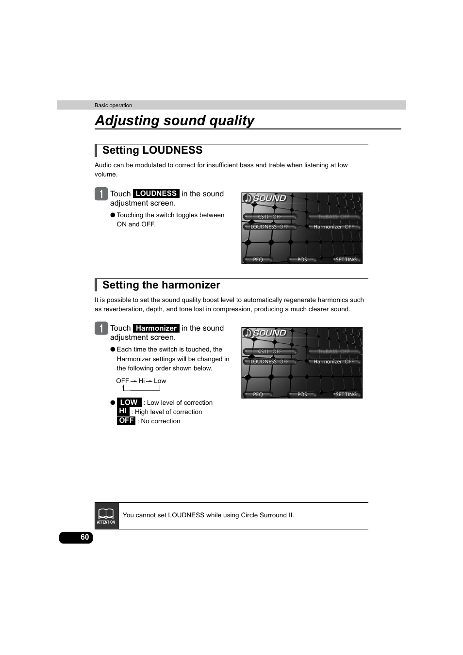 Setting loudness, Setting the harmonizer, Setting loudness setting the harmonizer | Adjusting sound quality | Eclipse - Fujitsu Ten AVX5000 User Manual | Page 61 / 262