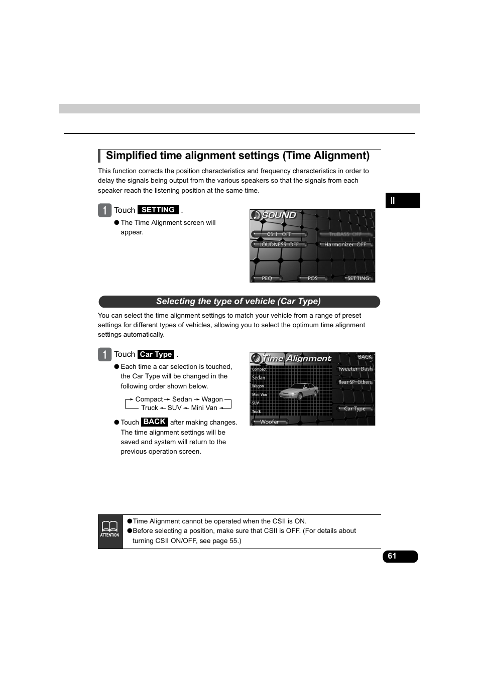 Selecting the type of vehicle (car type) | Eclipse - Fujitsu Ten AVX5000 User Manual | Page 62 / 262