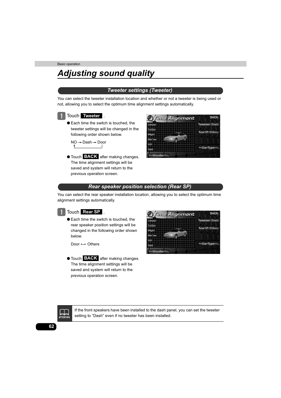 Tweeter settings (tweeter), Rear speaker position selection (rear sp), Adjusting sound quality | Eclipse - Fujitsu Ten AVX5000 User Manual | Page 63 / 262