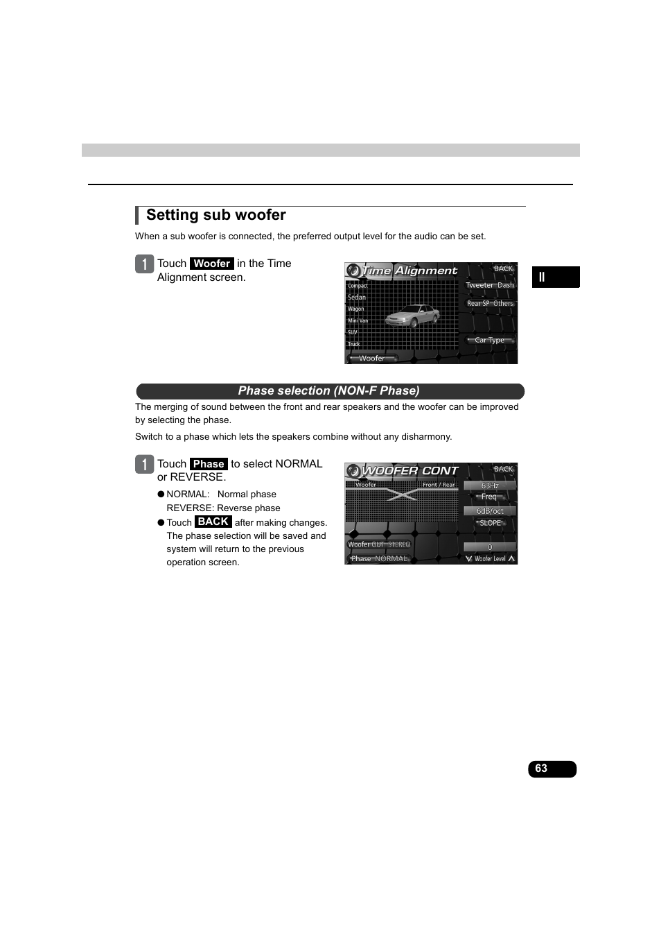 Setting sub woofer, Phase selection (non-f phase) | Eclipse - Fujitsu Ten AVX5000 User Manual | Page 64 / 262