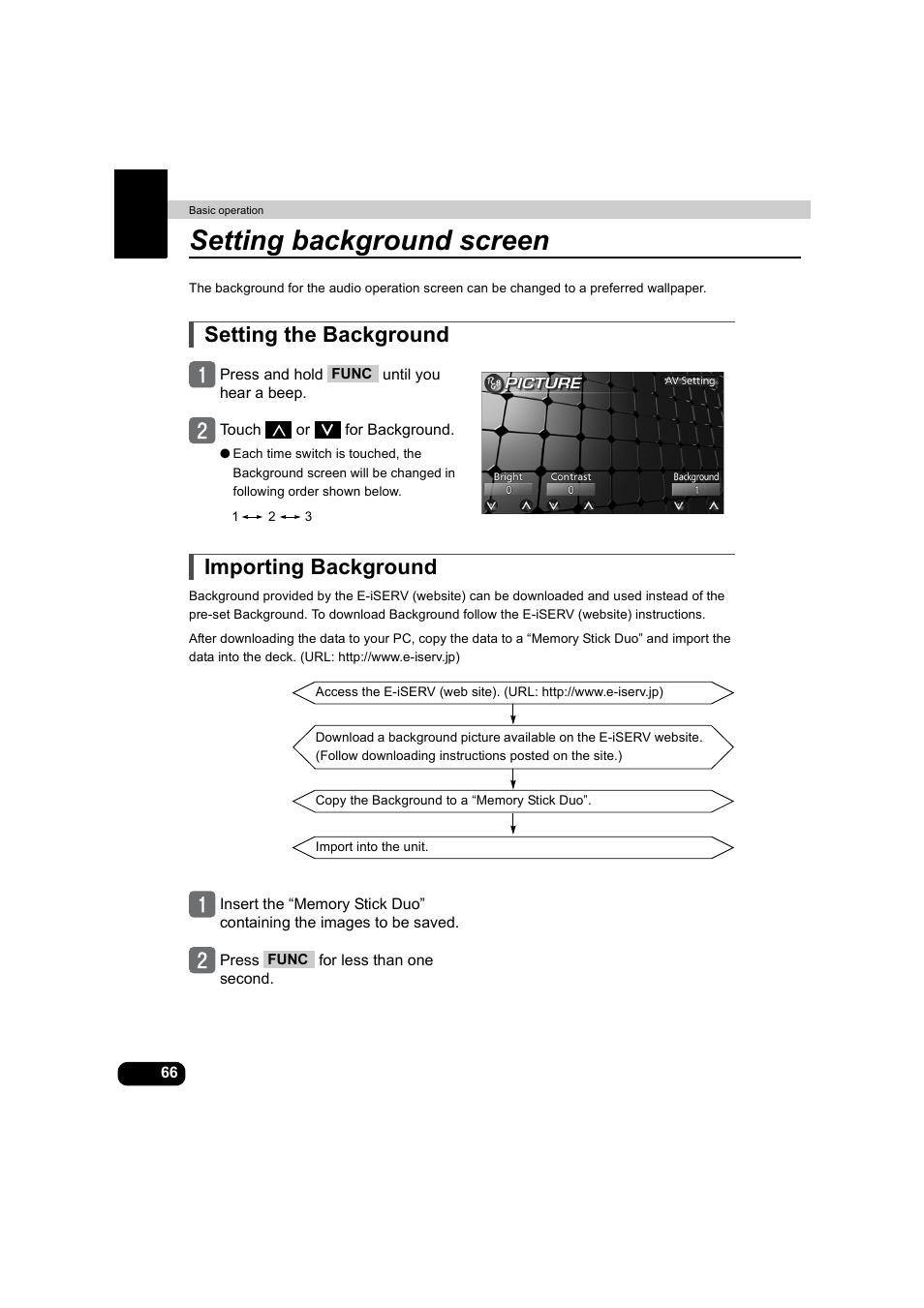 Setting background screen, Setting the background, Importing background | Setting the background importing background | Eclipse - Fujitsu Ten AVX5000 User Manual | Page 67 / 262