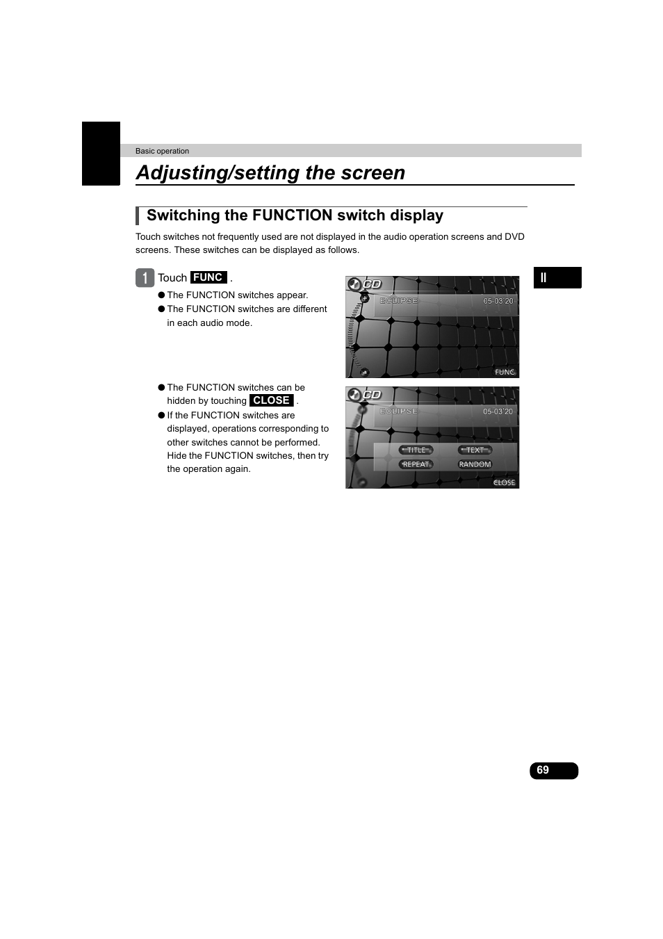 Adjusting/setting the screen, Switching the function switch display | Eclipse - Fujitsu Ten AVX5000 User Manual | Page 70 / 262