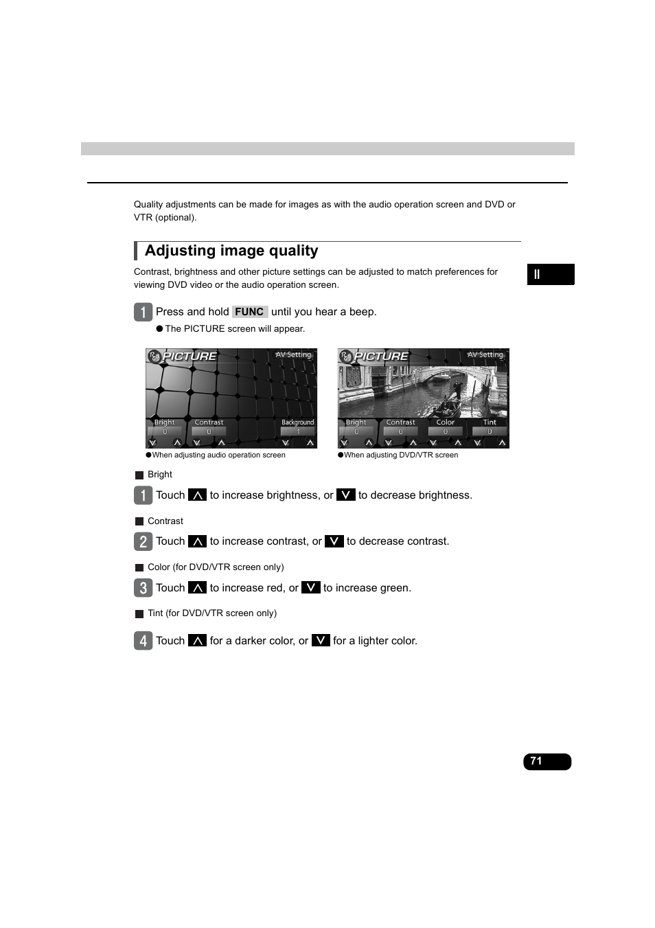 Adjusting image quality | Eclipse - Fujitsu Ten AVX5000 User Manual | Page 72 / 262