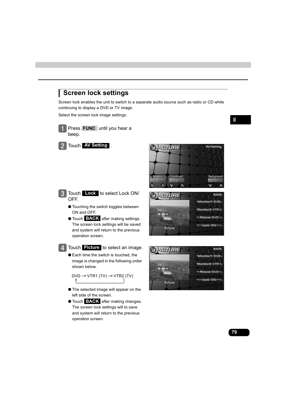 Screen lock settings | Eclipse - Fujitsu Ten AVX5000 User Manual | Page 80 / 262