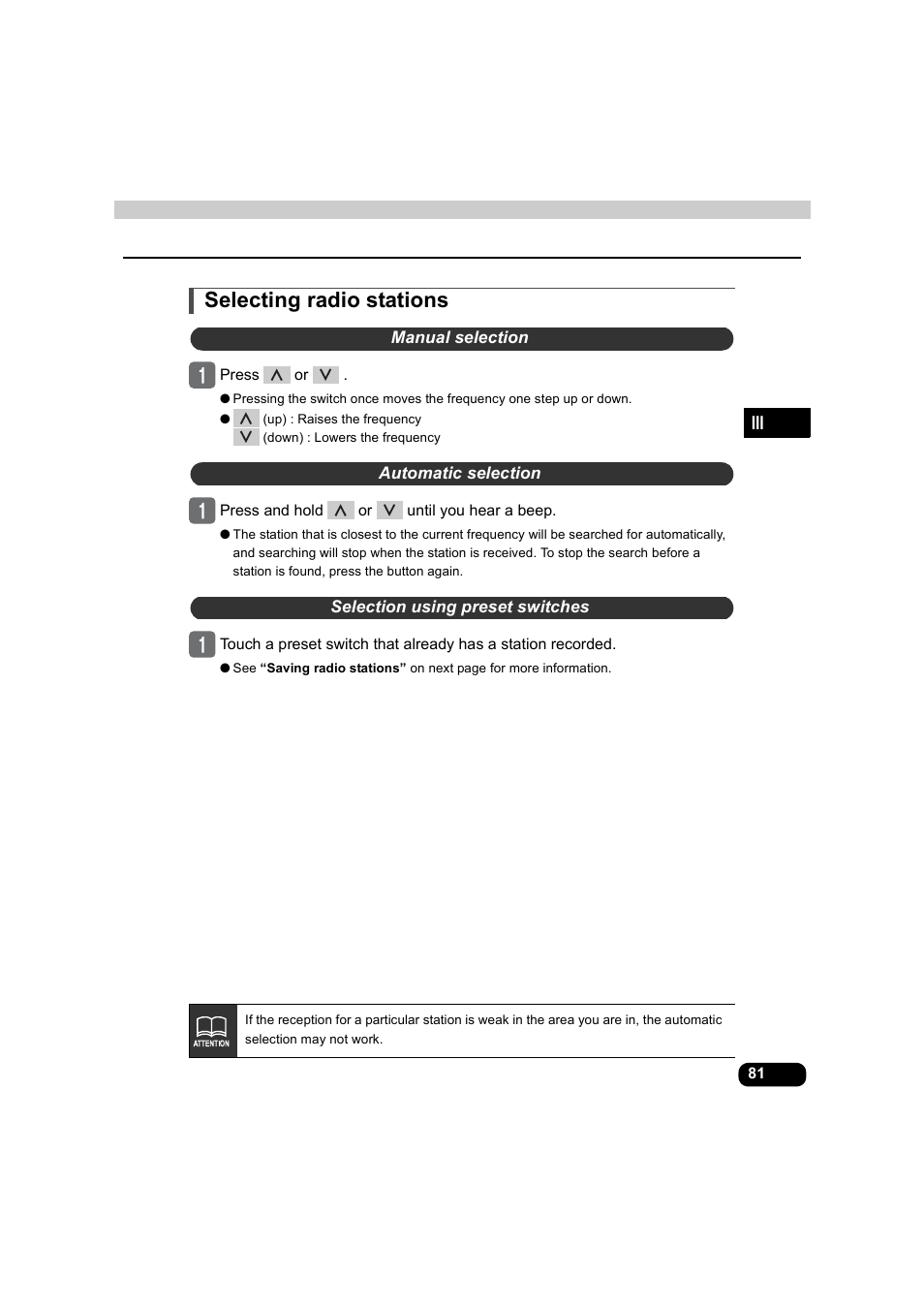 Selecting radio stations, Manual selection, Automatic selection | Selection using preset switches | Eclipse - Fujitsu Ten AVX5000 User Manual | Page 82 / 262