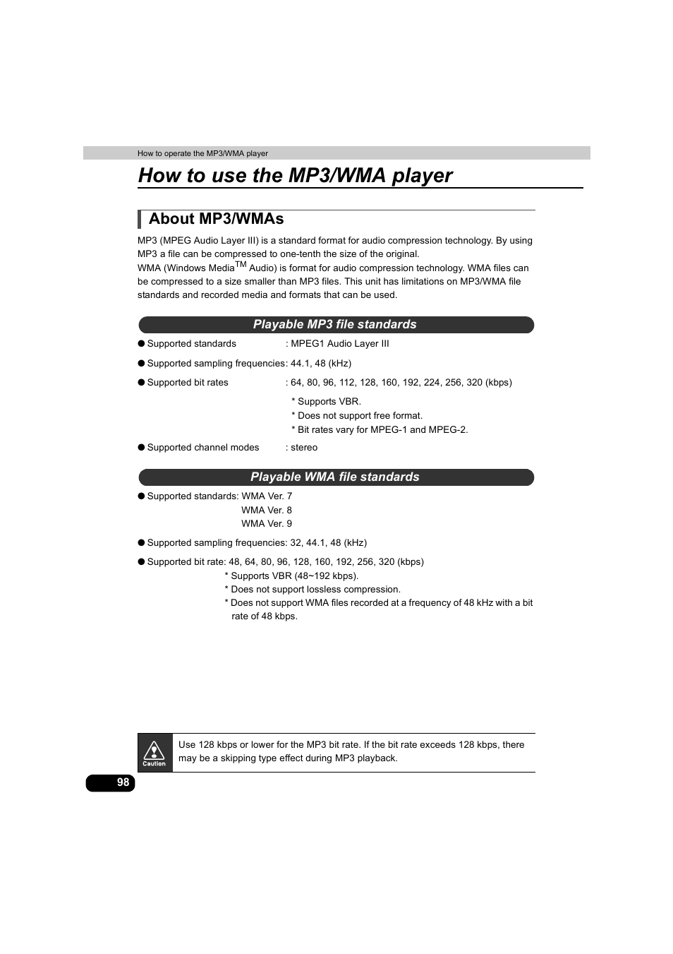About mp3/wmas, Playable mp3 file standards, Playable wma file standards | How to use the mp3/wma player | Eclipse - Fujitsu Ten AVX5000 User Manual | Page 99 / 262