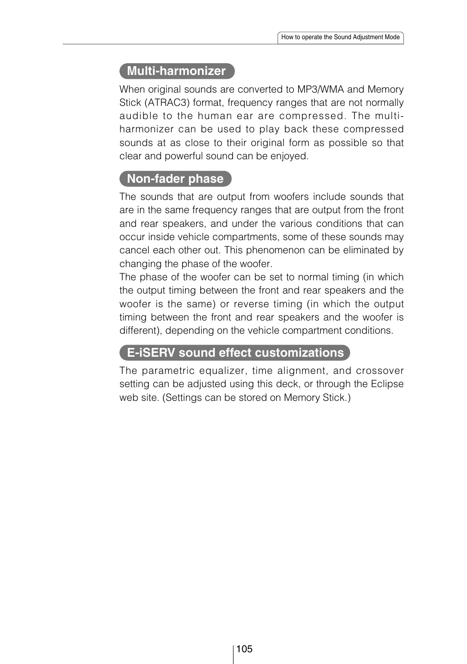 Multi-harmonizer, Non-fader phase, E-iserv sound effect customizations | Eclipse - Fujitsu Ten CD8454 User Manual | Page 105 / 180