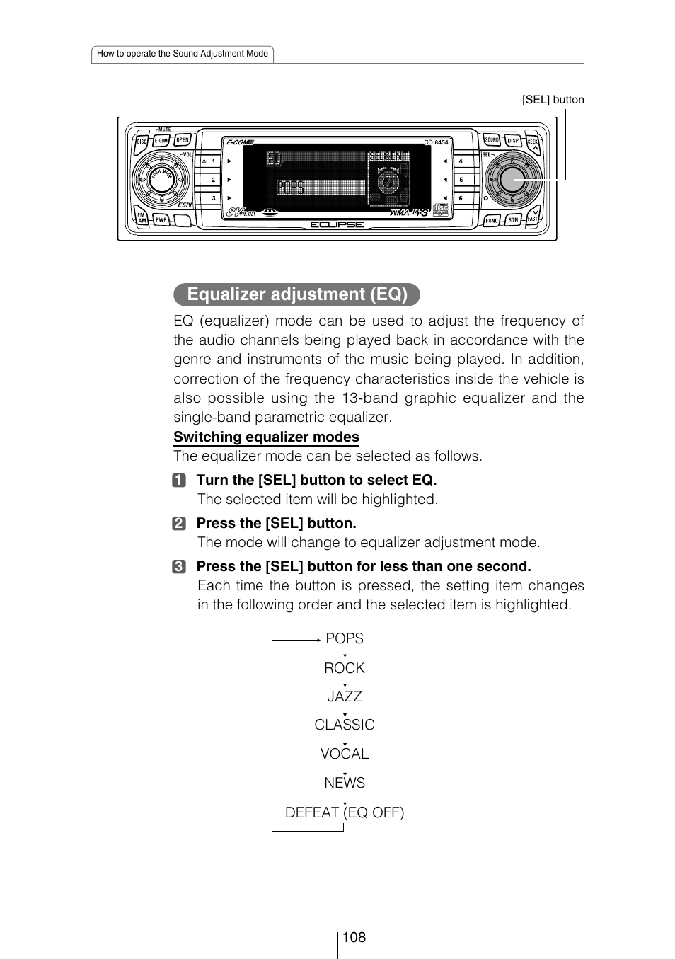 Equalizer adjustment (eq) | Eclipse - Fujitsu Ten CD8454 User Manual | Page 108 / 180