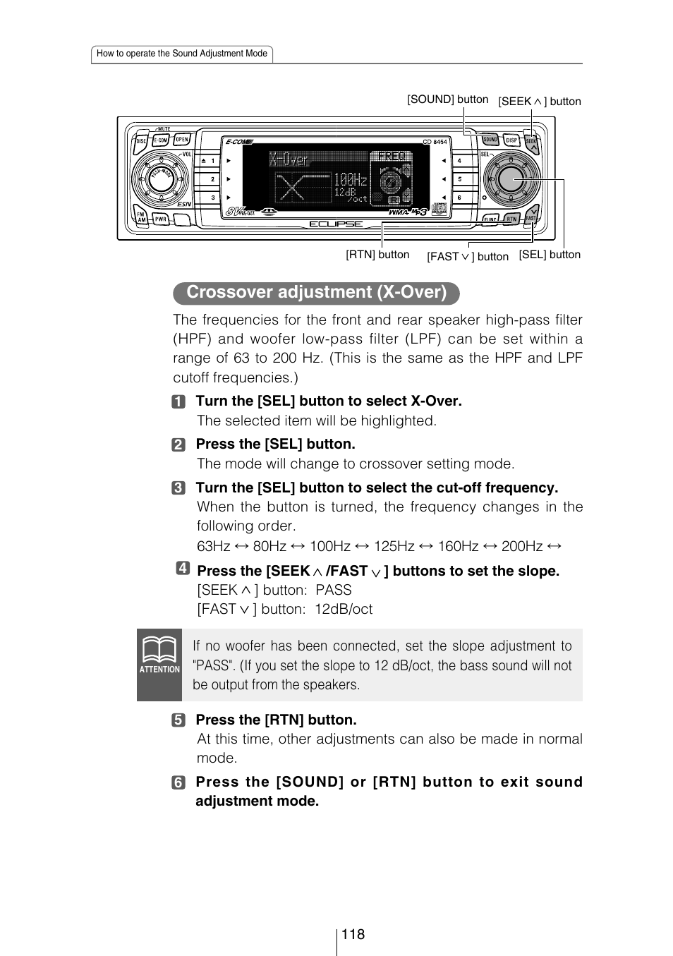 Crossover adjustment (x-over) | Eclipse - Fujitsu Ten CD8454 User Manual | Page 118 / 180