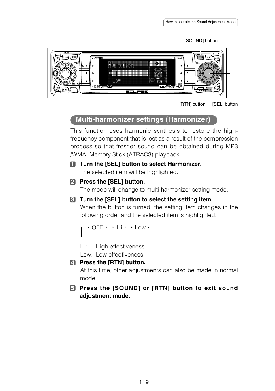 Multi-harmonizer settings (harmonizer) | Eclipse - Fujitsu Ten CD8454 User Manual | Page 119 / 180