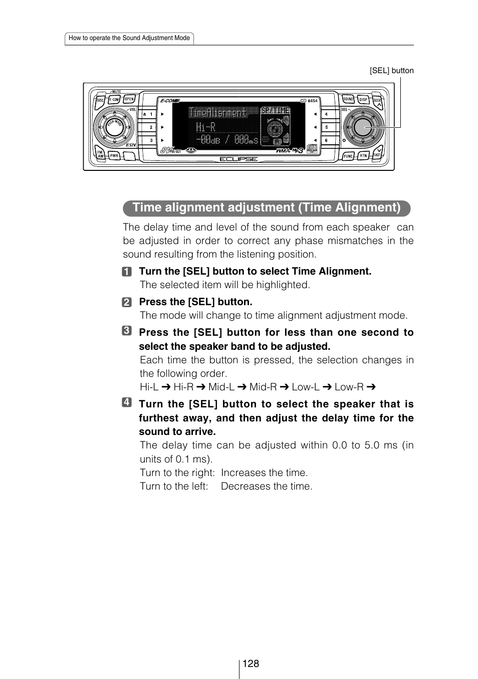 Time alignment adjustment (time alignment) | Eclipse - Fujitsu Ten CD8454 User Manual | Page 128 / 180