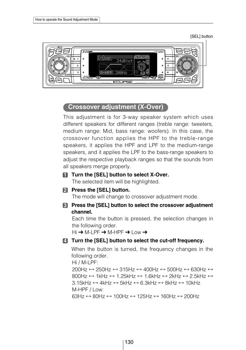 Crossover adjustment (x-over) | Eclipse - Fujitsu Ten CD8454 User Manual | Page 130 / 180