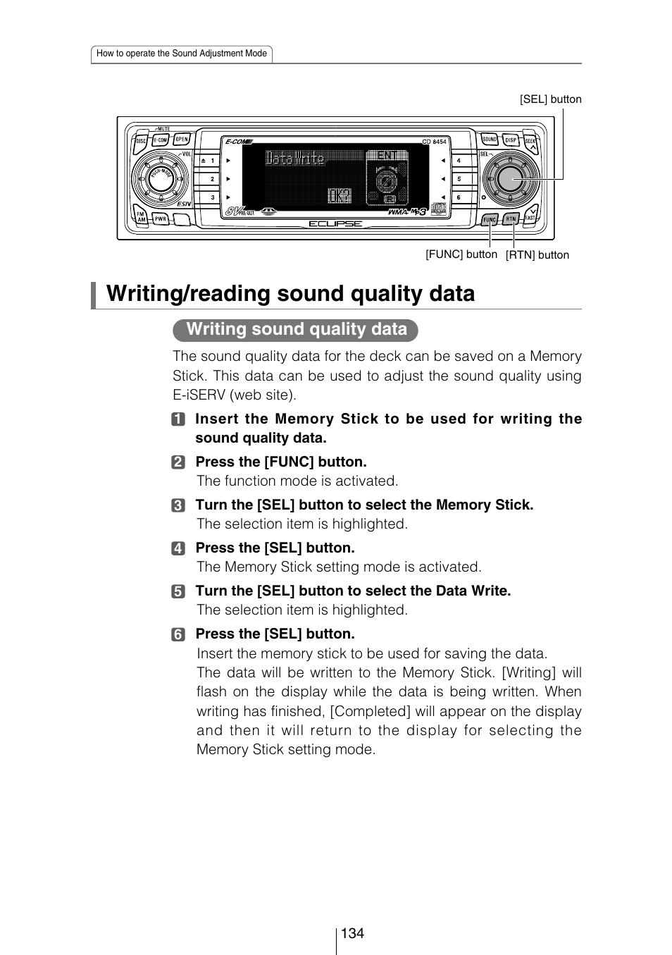 Writing/reading sound quality data, Writing sound quality data | Eclipse - Fujitsu Ten CD8454 User Manual | Page 134 / 180