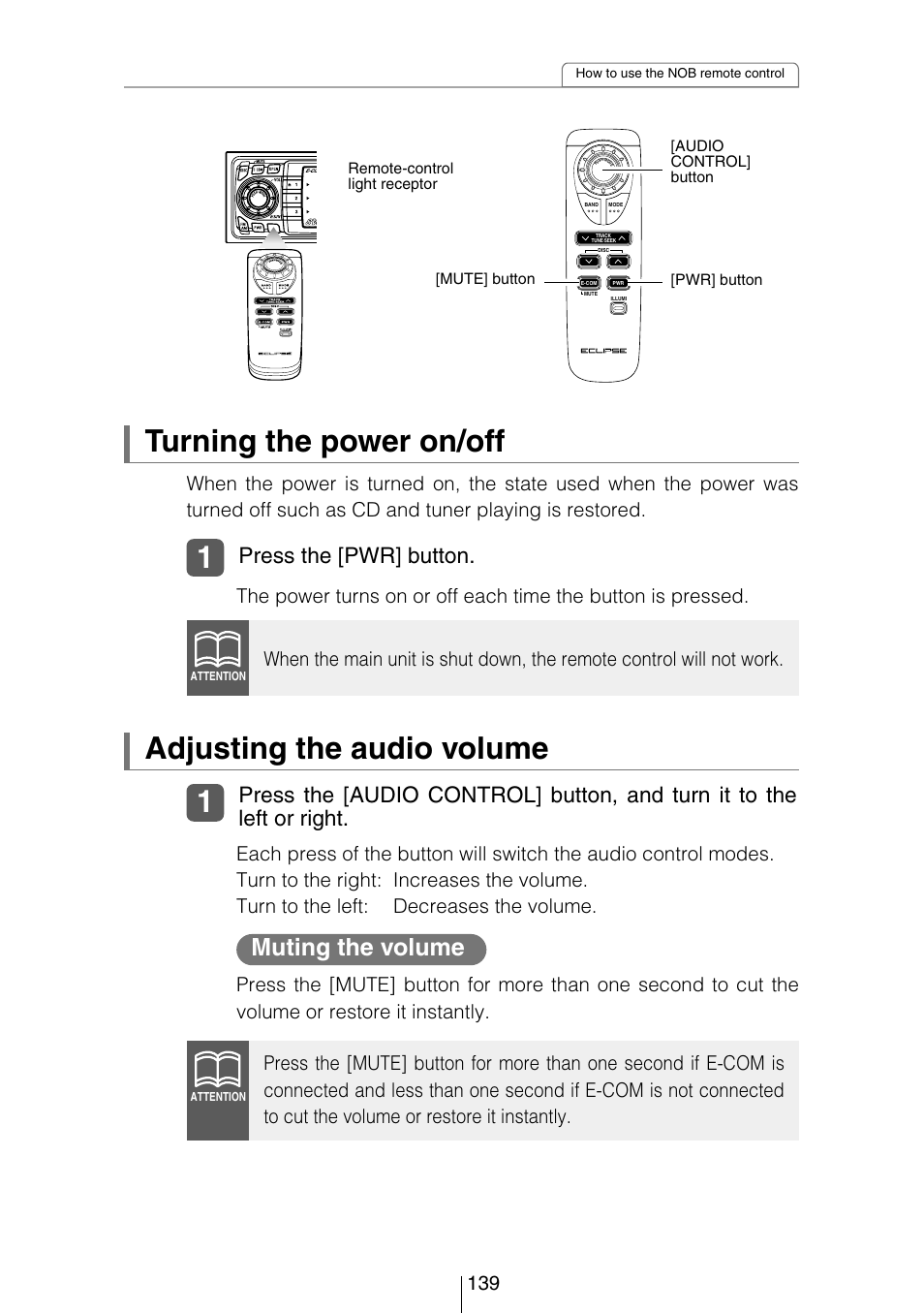 Turning the power on/off, Adjusting the audio volume, Muting the volume | Press the [pwr] button | Eclipse - Fujitsu Ten CD8454 User Manual | Page 139 / 180