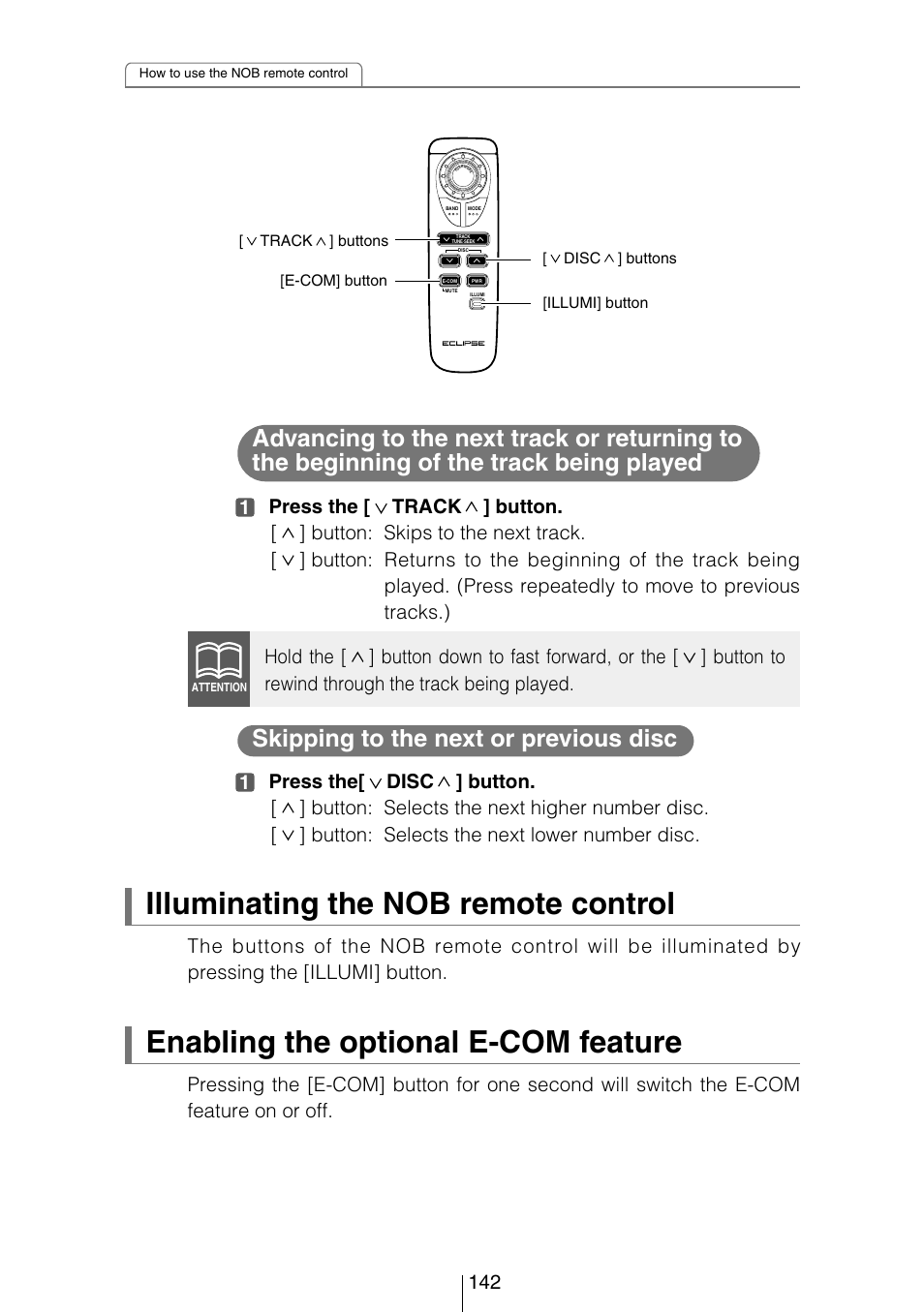 Illuminating the nob remote control, Enabling the optional e-com feature, Skipping to the next or previous disc | Eclipse - Fujitsu Ten CD8454 User Manual | Page 142 / 180