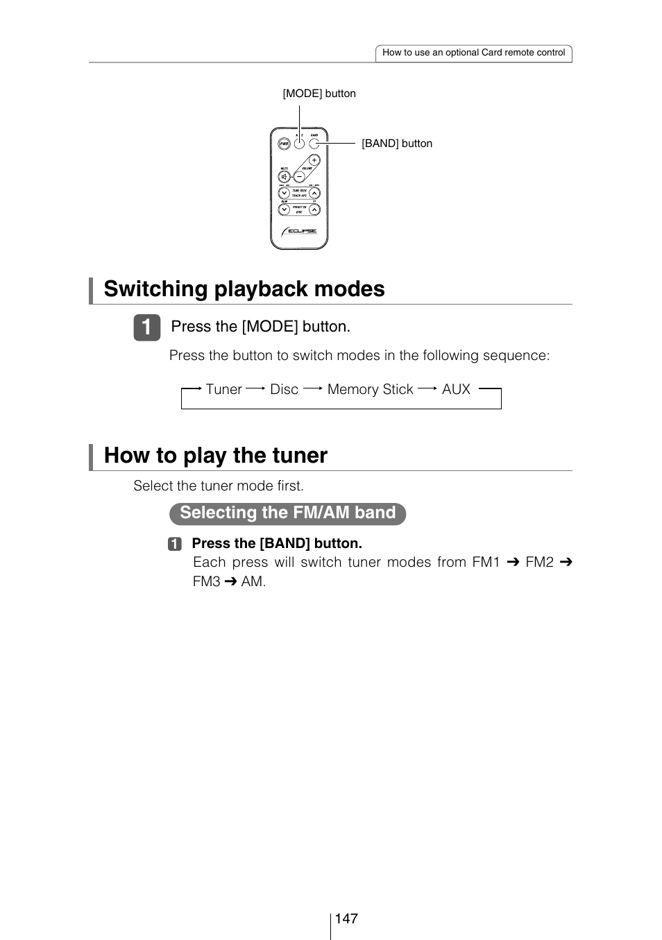 Switching playback modes, How to play the tuner, Selecting the fm/am band | Eclipse - Fujitsu Ten CD8454 User Manual | Page 147 / 180