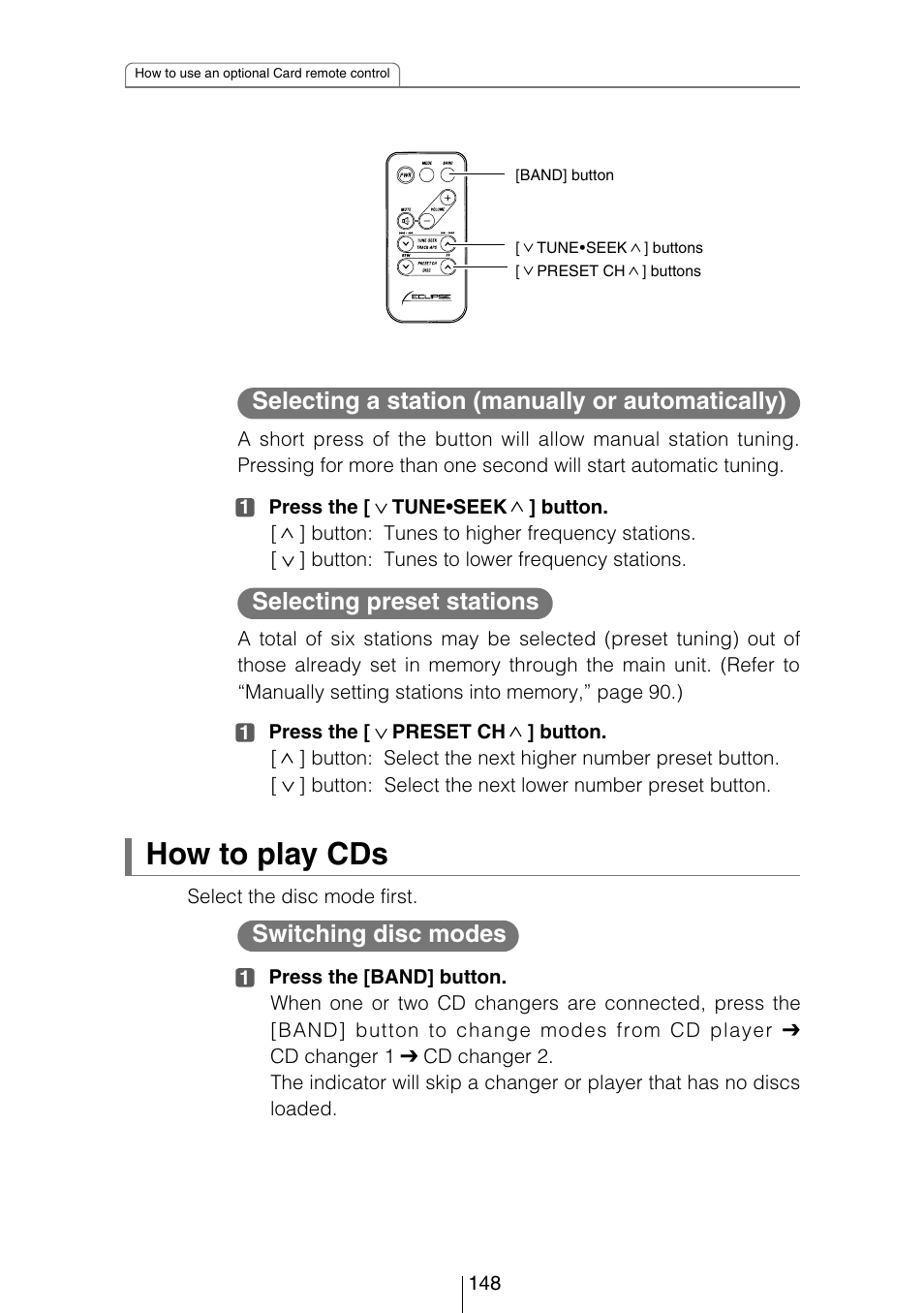 How to play cds, Selecting a station (manually or automatically), Selecting preset stations | Switching disc modes | Eclipse - Fujitsu Ten CD8454 User Manual | Page 148 / 180