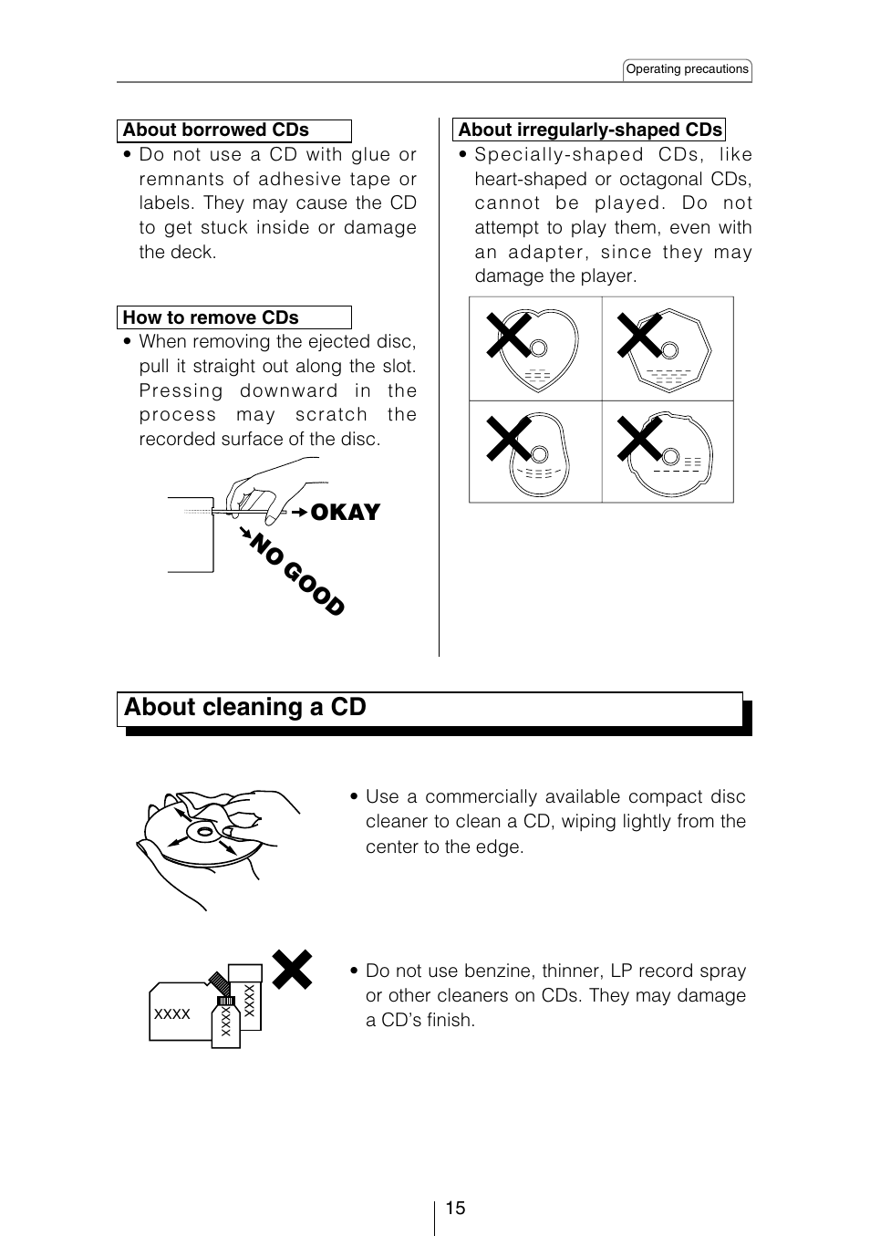 About cleaning a cd, Okay no good | Eclipse - Fujitsu Ten CD8454 User Manual | Page 15 / 180