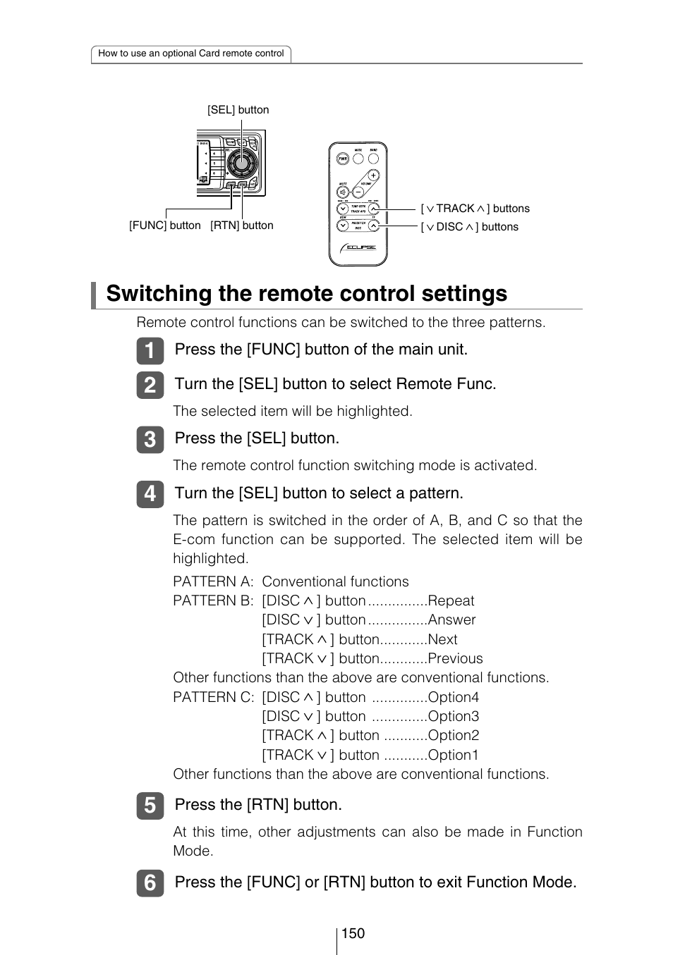 Switching the remote control settings | Eclipse - Fujitsu Ten CD8454 User Manual | Page 150 / 180