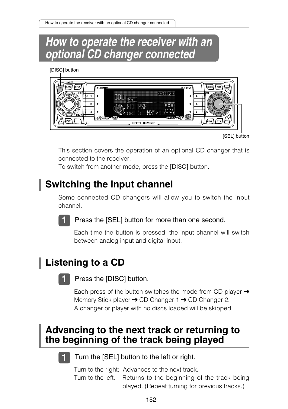 Switching the input channel, Listening to a cd | Eclipse - Fujitsu Ten CD8454 User Manual | Page 152 / 180